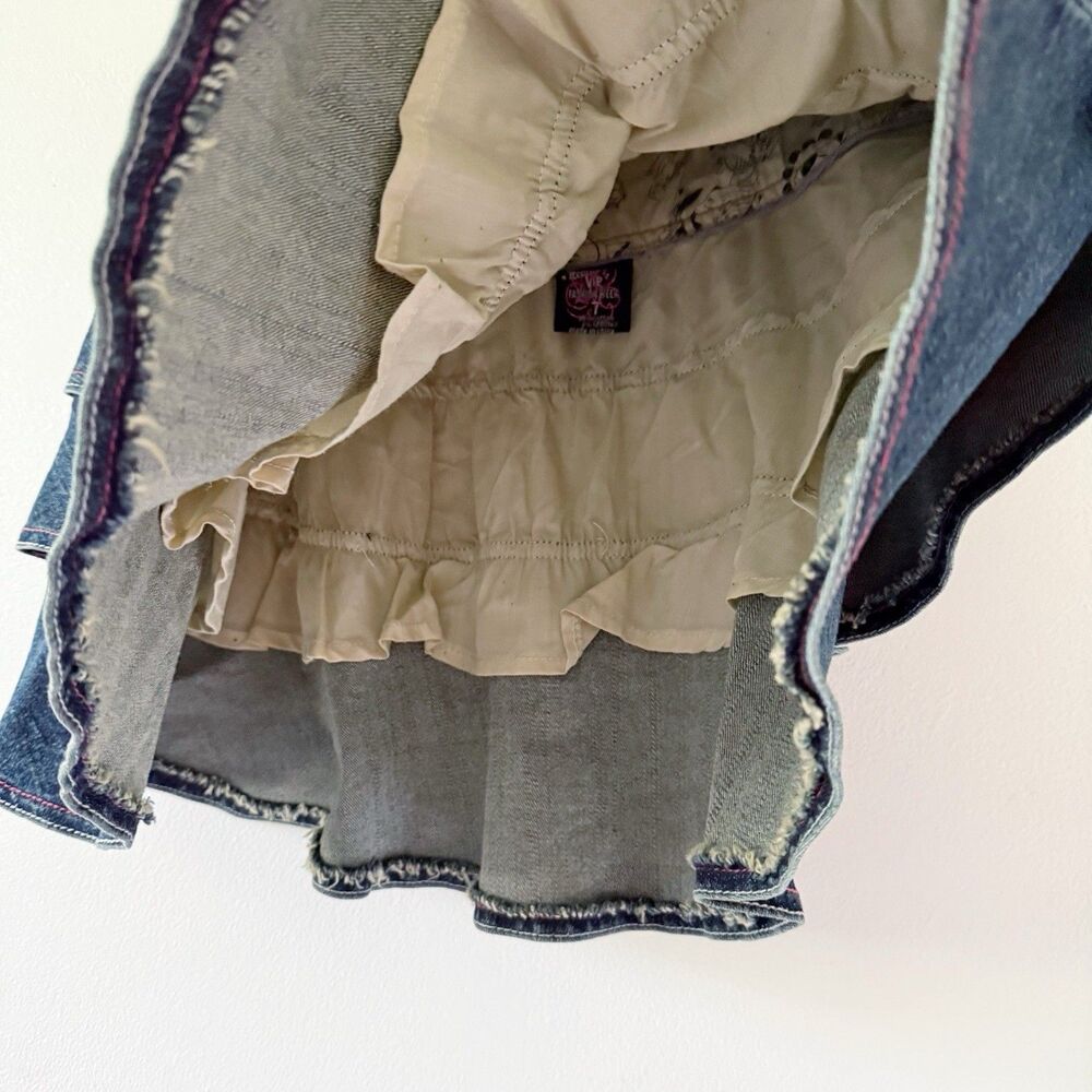 Vintage Y2K Ruffled Tiered Denim Mini Skirt Heatherette 7 Cotton Stretch 2000s - Picture 5 of 12